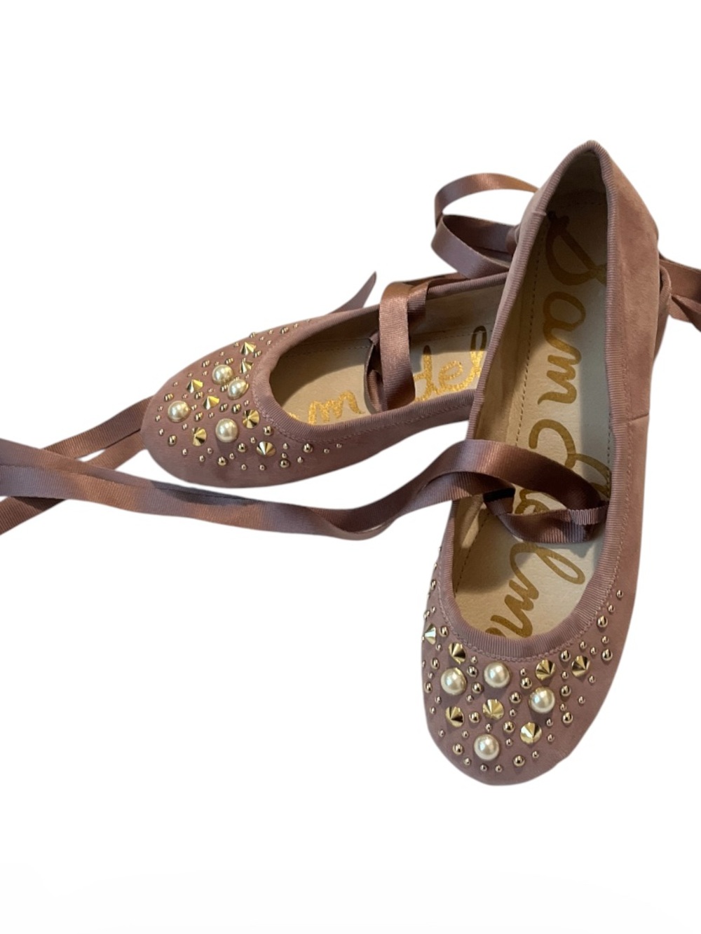 New Sam Edelman Mauve Ballet Flats with Pearl & Gold Stud Embellishments